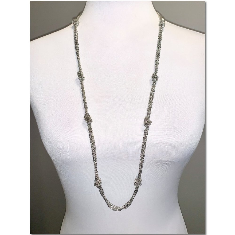 Long Silver Double Strand Knotted Necklace Toggle Closure EUC